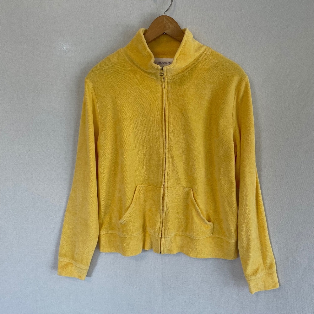 CHADWICK'S Size Large Yellow Cotton Terrycloth Full Zip Mock Neck Hoodie Vintage